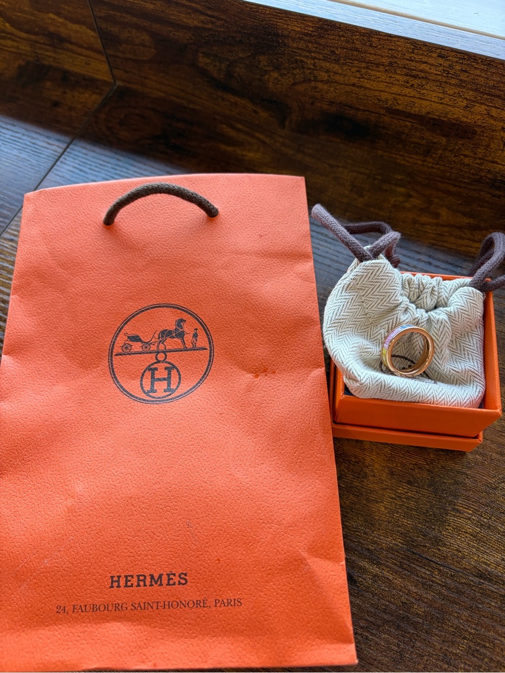 New With Box Hermes Enamel Ring Pink/Salmon Ring in Rose Gold Tone Retail $475